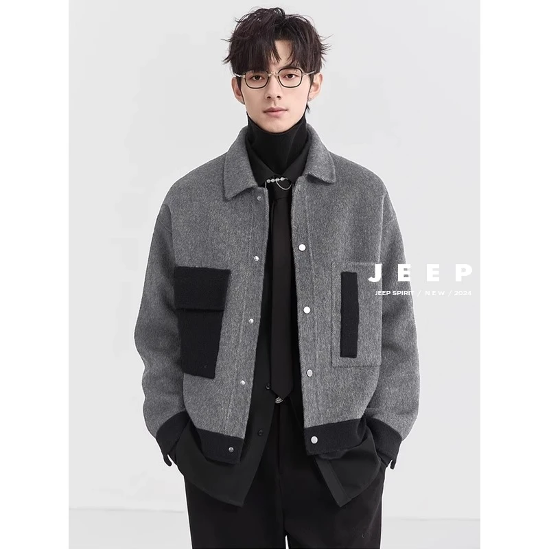 Jeep高级感轻奢拼接短款毛呢大衣男24秋冬季翻领加厚夹克羊毛外套
