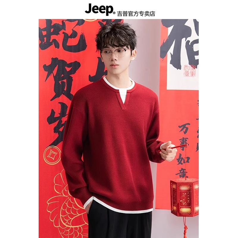 Jeep2026马年本命年红色毛衣男春秋季高级感假两件针织衫新年衣服