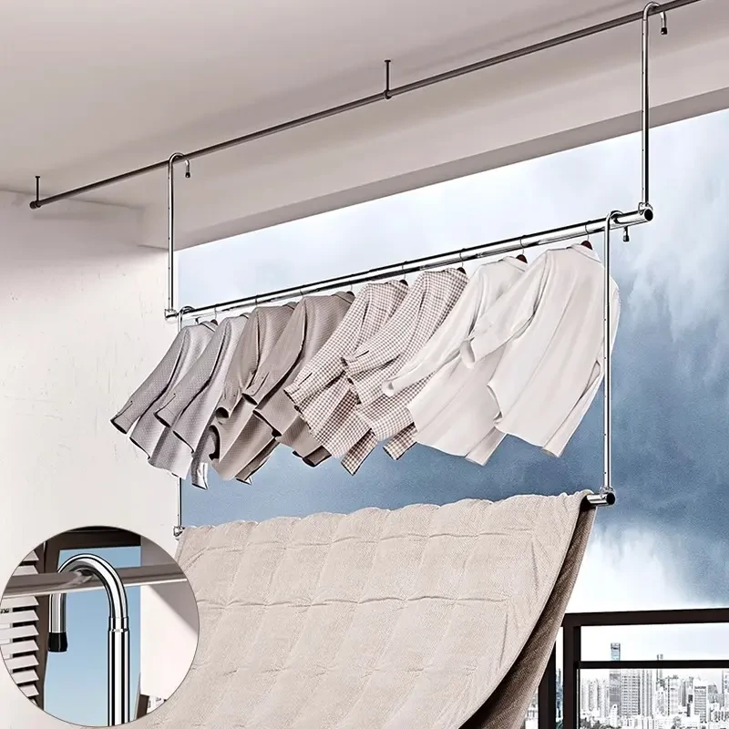 晾衣架家用阳台伸缩晾衣杆升降凉衣捍吊挂不锈钢免打孔晒被子神器