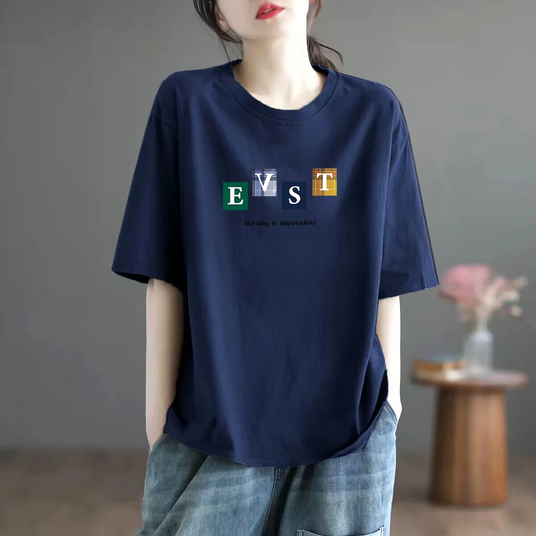 纯棉短袖T恤女大码宽松中长款2023夏季新款韩版百搭字母印花上衣