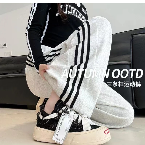 美式显瘦条纹阔腿裤卫裤女春秋百搭休闲宽松小个子高街三杠运动裤