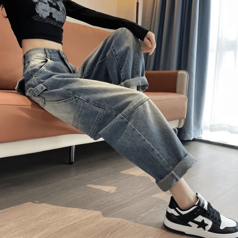 新款直筒裤子设计女款牛仔小个子加绒裤子冬季女加绒阔腿裤子女款