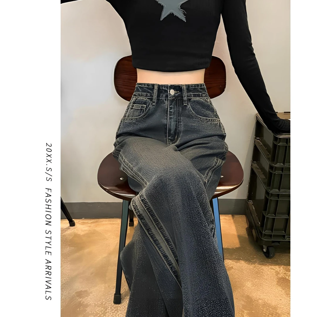 水泥灰牛仔裤高腰薄款宽松直筒阔腿裤女士百搭显瘦网红牛仔休闲裤