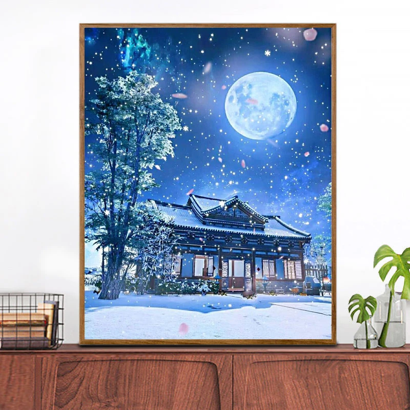【月圆雪景】DIY数字油画水彩画填色画手绘丙烯画手工画装饰画