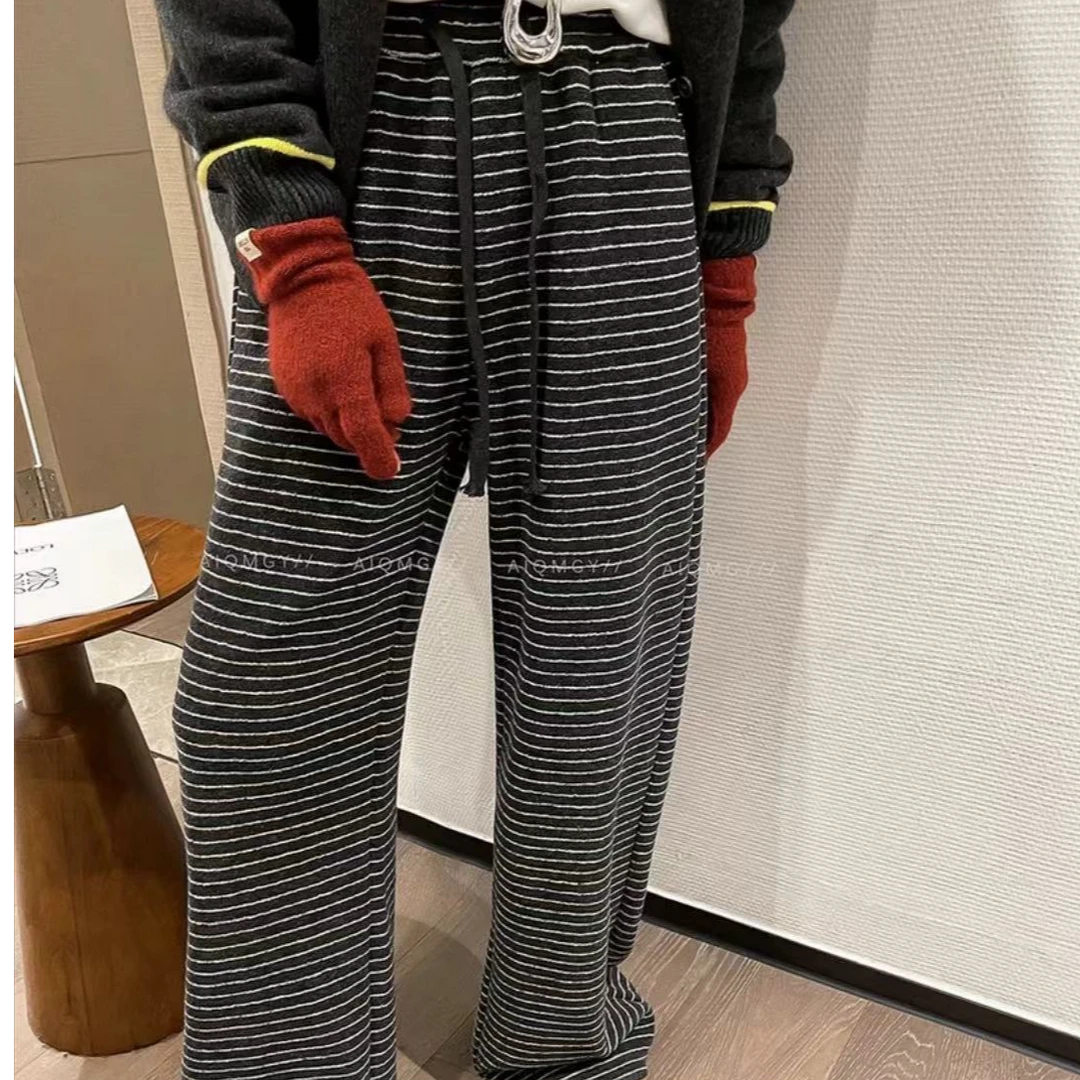 加绒加厚条纹休闲裤女冬季新款显瘦胖mm梨形身材小个子阔腿拖地裤