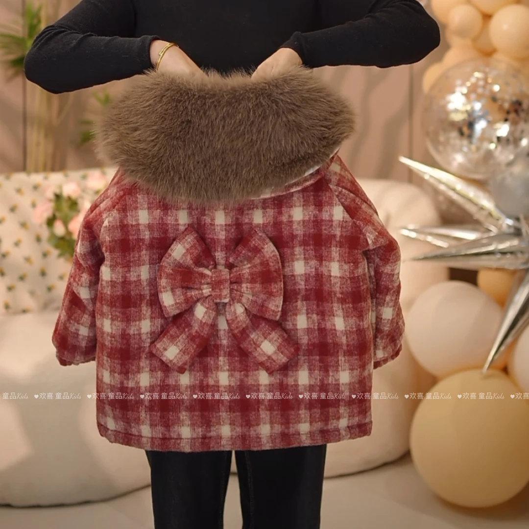 女童冬款外套2024新款格纹洋气女孩冬加绒加厚毛呢蝴蝶结外套