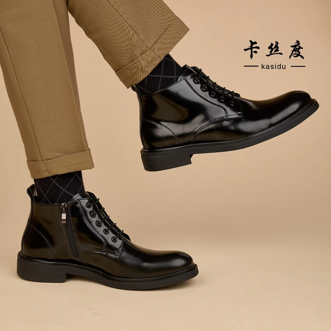 冬季新款加毛保暖真皮切尔西靴潮流男士时尚百搭舒适耐磨高帮靴
