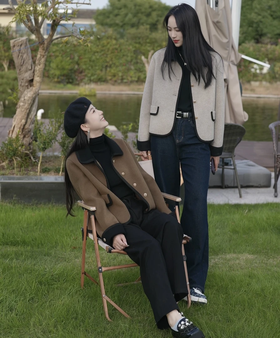 秋冬新款短款双面呢大衣高端时尚外套小香风显瘦小个子