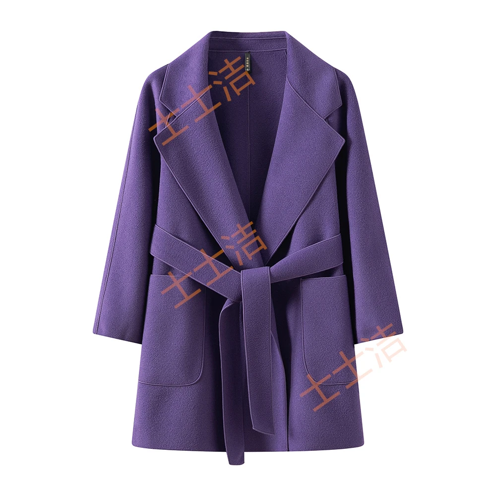 中长款春季新款腰带款西装领双面呢大衣纯色呢子毛呢外套