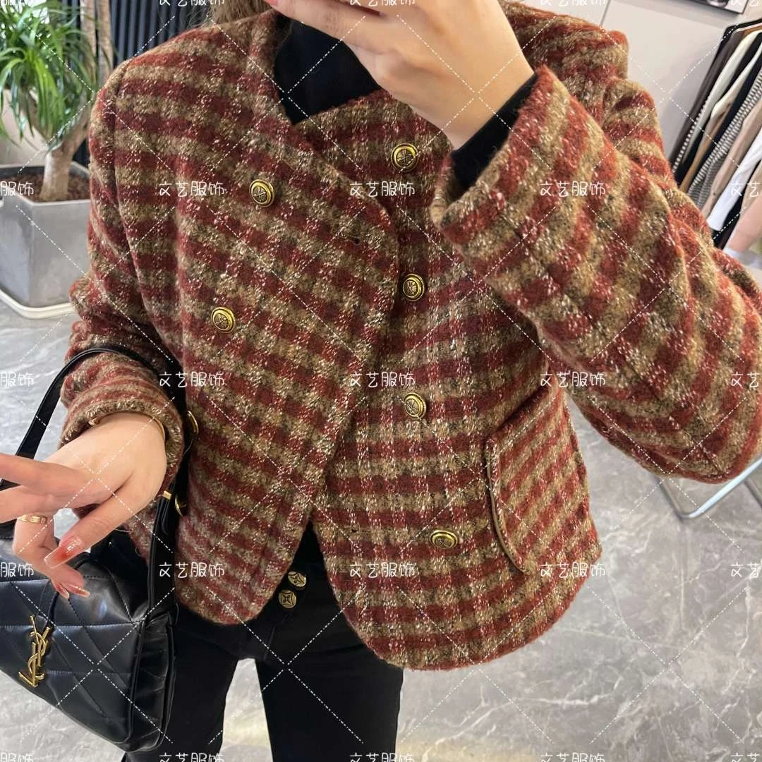 【文艺推荐】小香风短款时尚红色气质秋冬夹棉上衣短外套格纹