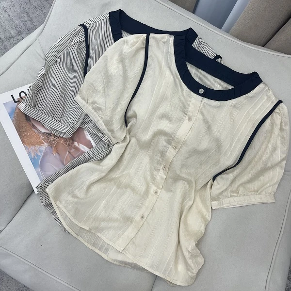 【文艺推荐】5612新款设计感宽松减龄休闲圆领短袖衬衣