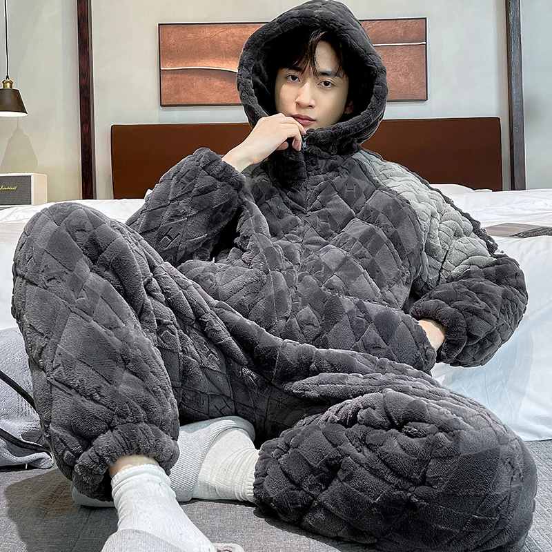 睡衣男冬季珊瑚绒秋冬款棉袄加厚加绒保暖连帽三层夹棉家居服套装