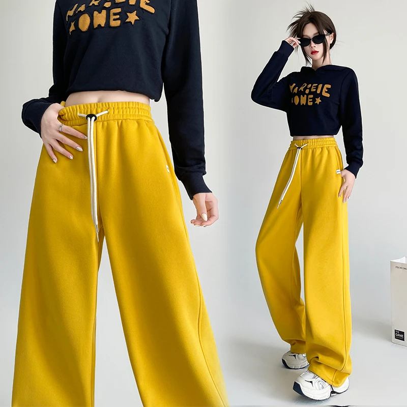加绒加厚直筒阔腿裤女秋冬高腰梨形身体香蕉运动卫裤黄色弯刀裤子