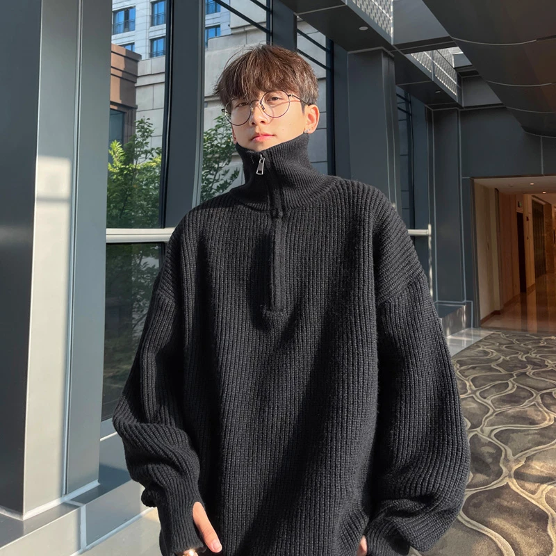 毛衣男款冬季半高领拉链套头针织高级感纯色美式大码宽松休闲男装