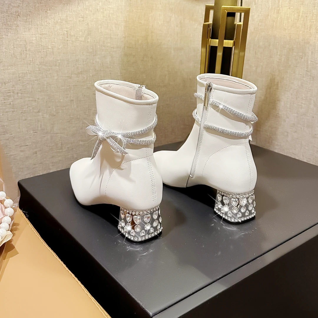 BaiLing/百翎牛皮粗跟短靴中跟气质时尚水钻女靴子