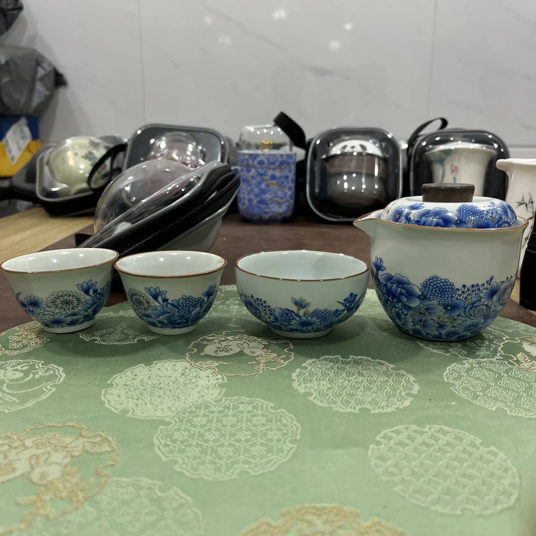 A194繁花汝窑旅行茶具一壶三杯高颜值车载野外便携式茶具