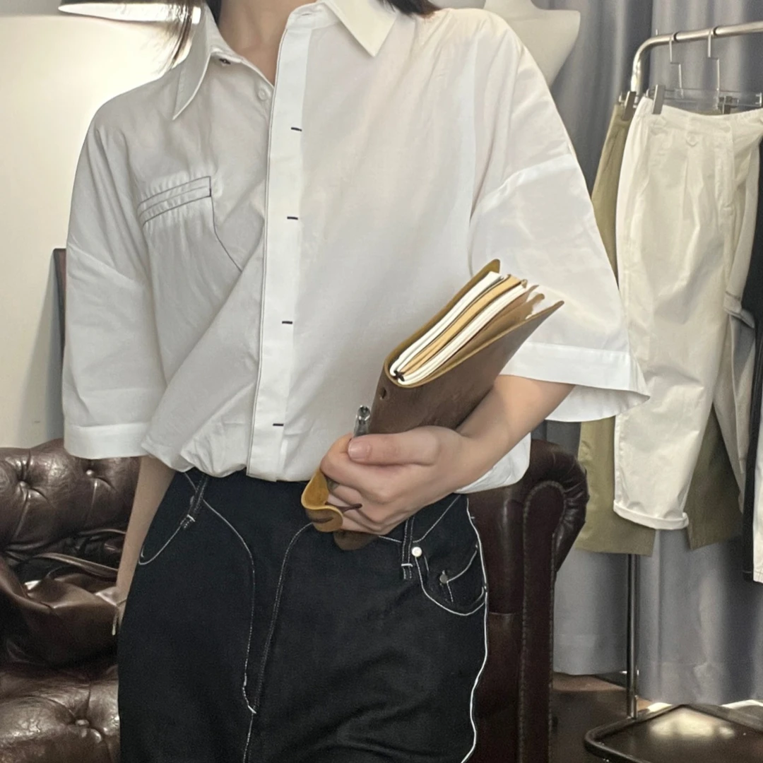 【深圳南油高货】气质时尚百搭休闲明线白色莱赛尔设计感衬衣10281