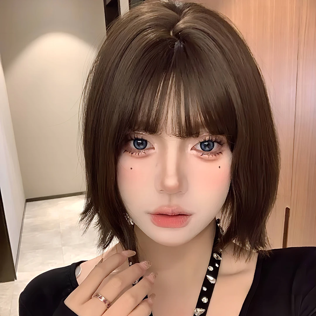 KuKu专属-【 尤美子】新款全头套齐刘海咖啡色短发