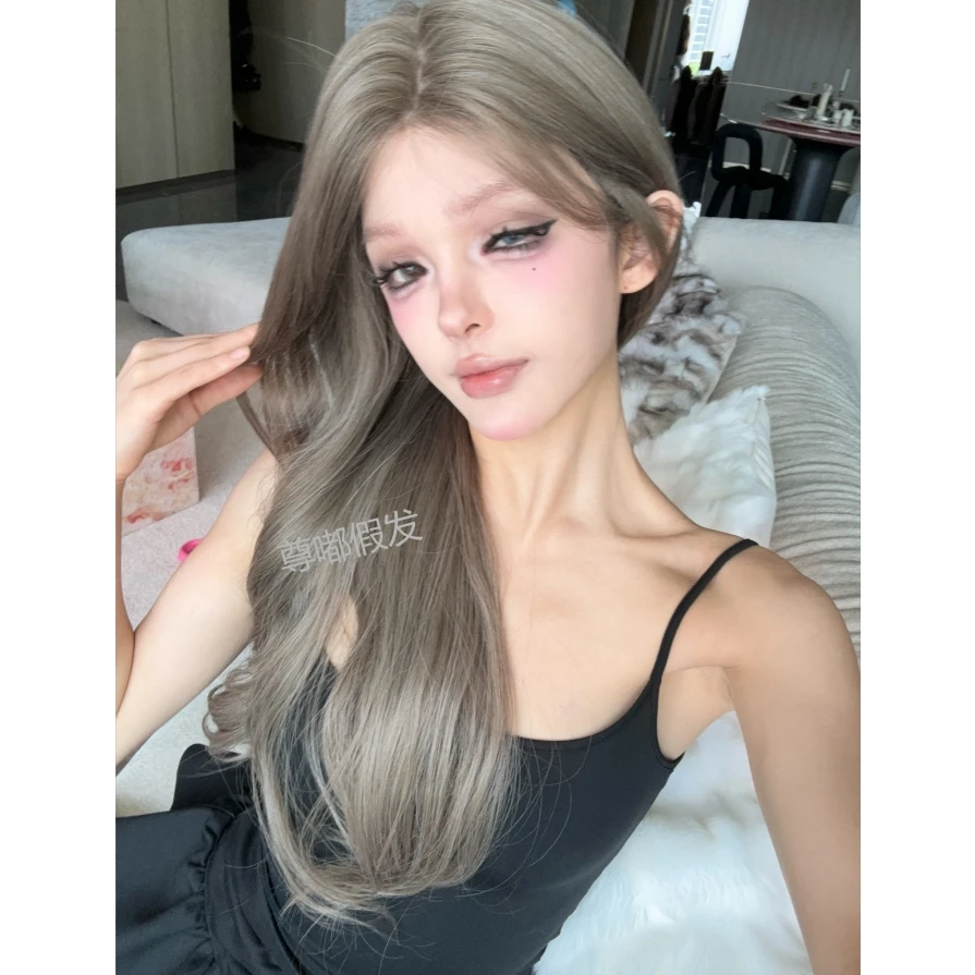 妍公子-【灰留留子】中分小额蕾丝雾感灰棕色中长卷发假发