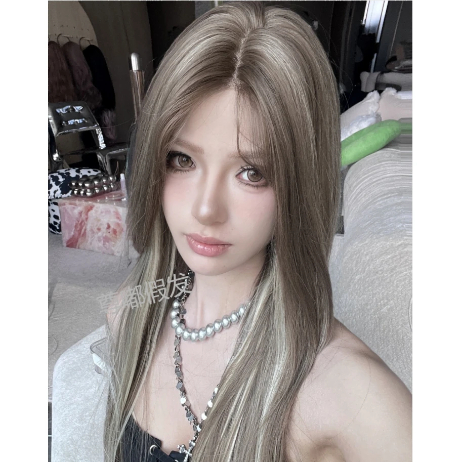 妍公子-【亚裔风】小额蕾丝女款亚麻棕白金台挑染网红超美长直发