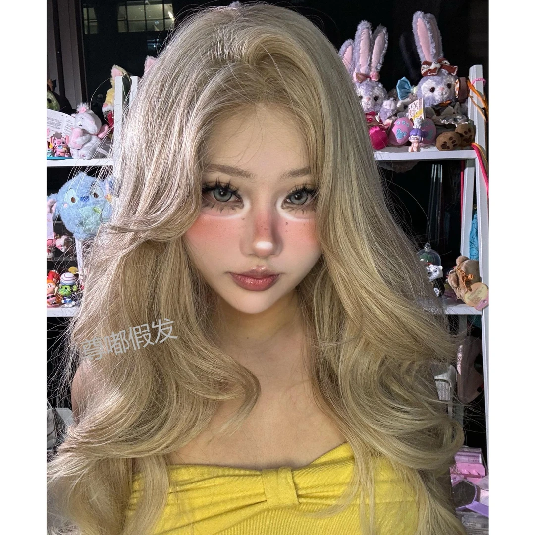 花栗专属-【可以免戴发网的假发·加州辣妹】中分浅灰金渐变自然假发