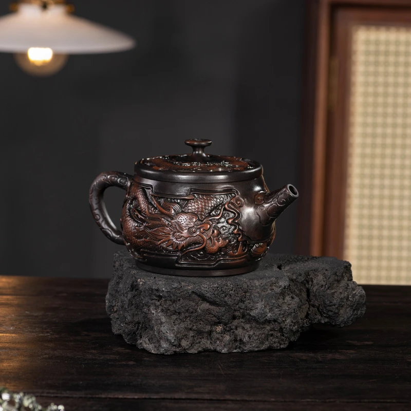 云南建水紫陶全手工深雕龙凤汉瓦壶重雕刻大容量泡茶壶茶具紫砂壶