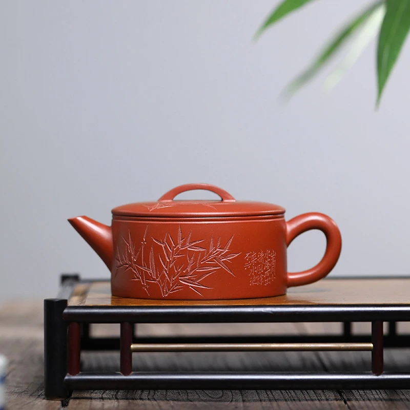 宜兴正品全手工制作原矿红皮龙刻绘竹节汉瓦大容量家用茶具茶壶