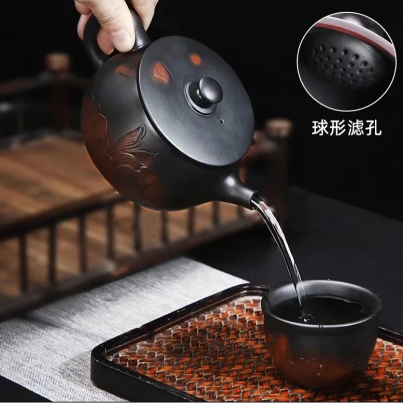 云南紫陶浮雕凤鸣汉瓦壶可提可旋转全手工制作家用泡茶壶原矿泥料