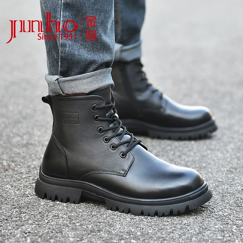 Jinho/金猴冬季马丁靴真皮保暖加绒一体羊男皮棉靴骑行靴SQ80029A