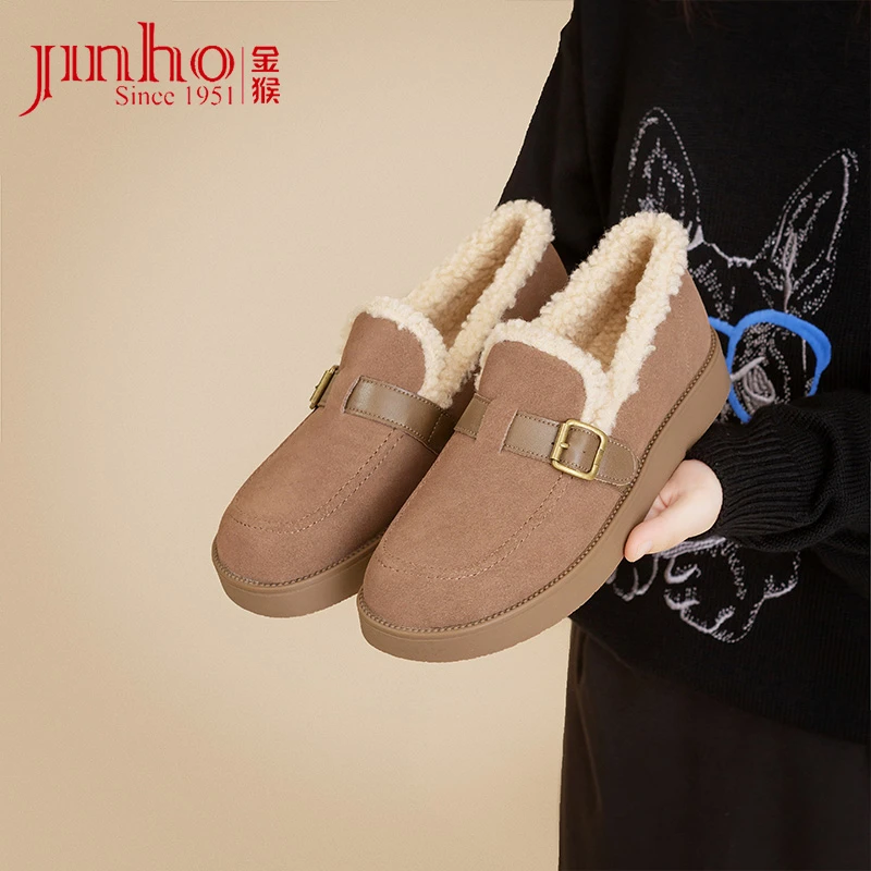 Jinho/金猴法式加绒乐福鞋秋冬新款外穿平底保暖豆豆鞋Q49117A