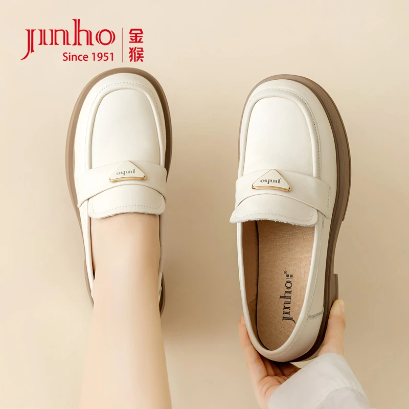 Jinho/金猴百搭真皮圆头松糕鞋底乐福鞋英伦风时尚女单鞋SQ59130A