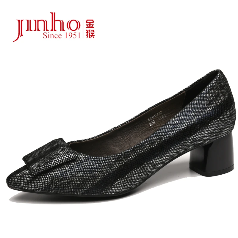 Jinho/金猴羊皮气质浅口中跟四季通勤日常百搭粗跟女鞋550199C