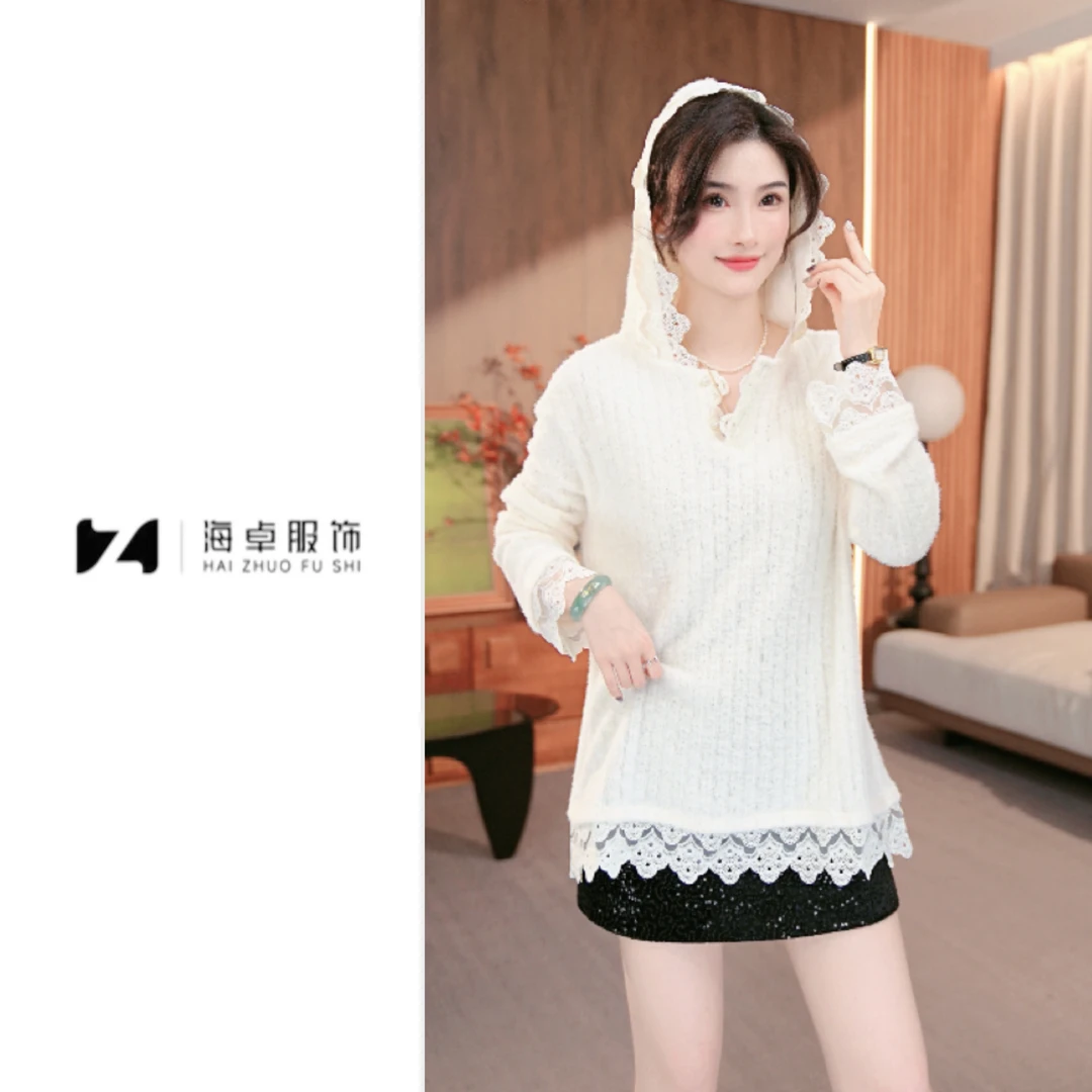 海卓【现货】蕾丝白色连帽衬衫秋冬高级气质新款衬衣长袖上衣9856