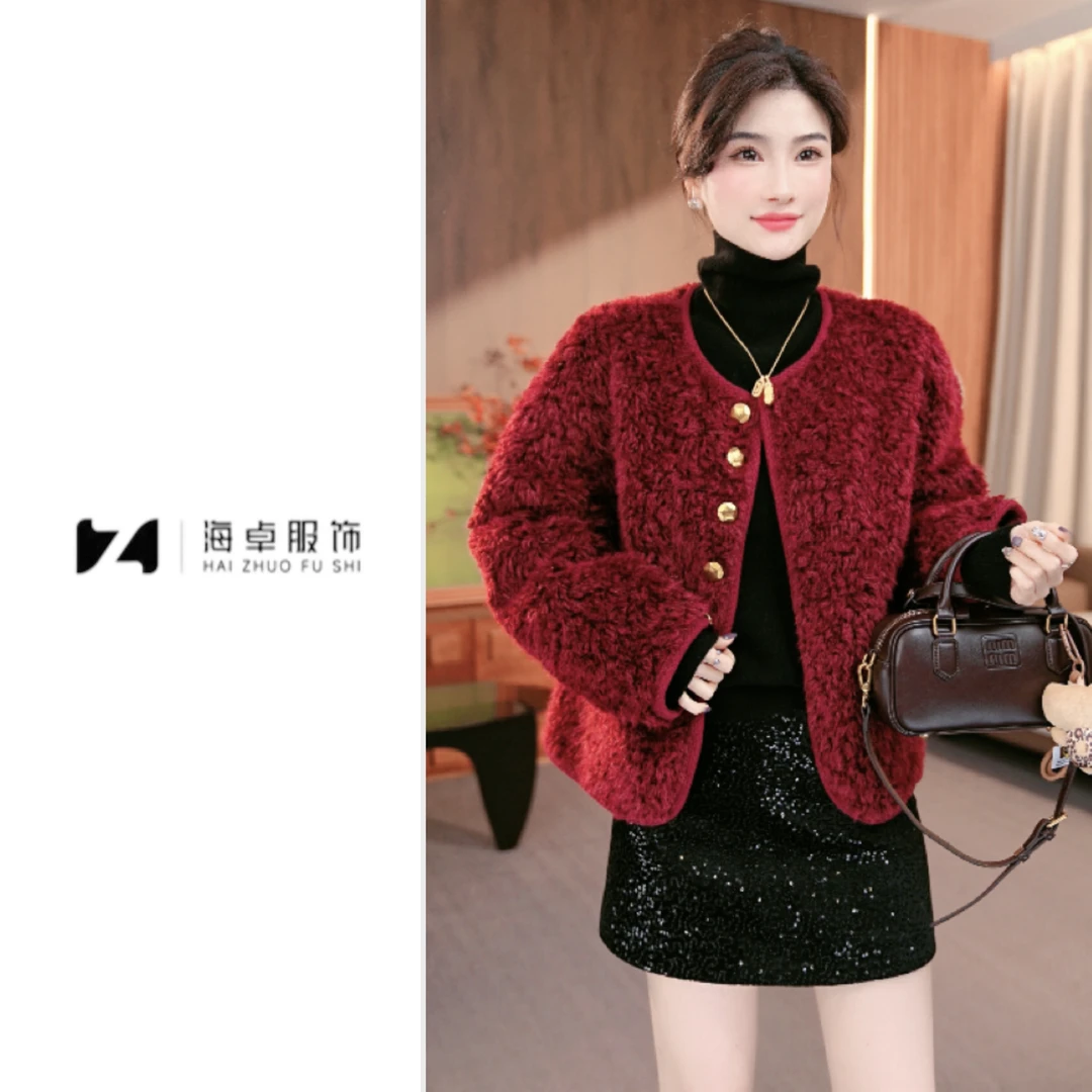 海卓～小香风2024冬季新款毛绒短款气质毛一体外套女3171
