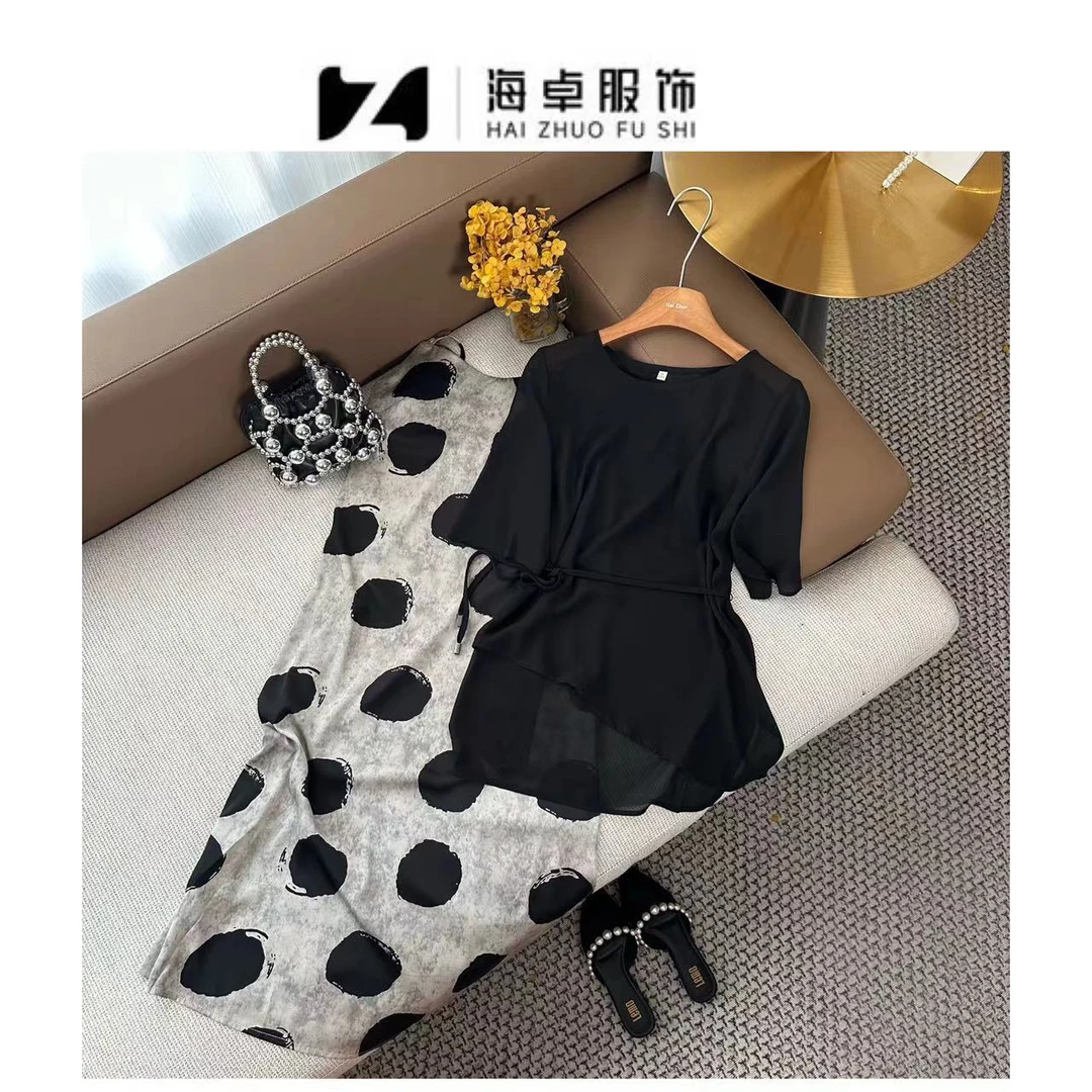 海卓～夏季新款气质简约微透不规则上衣＋印花吊带裙两件套女67
