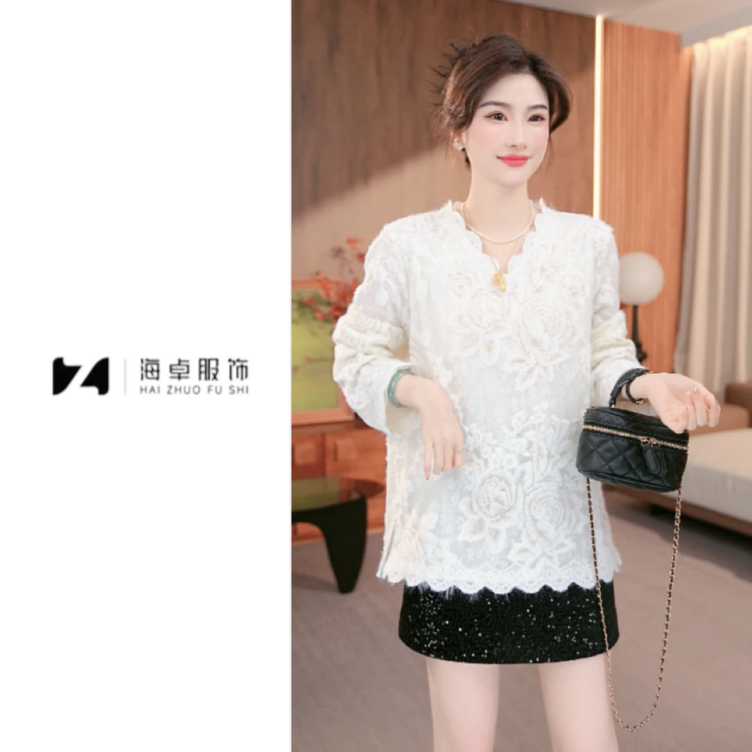 海卓【现货】重工亮片刺绣V领蕾丝衬衫女冬高级感宽松打底上衣740