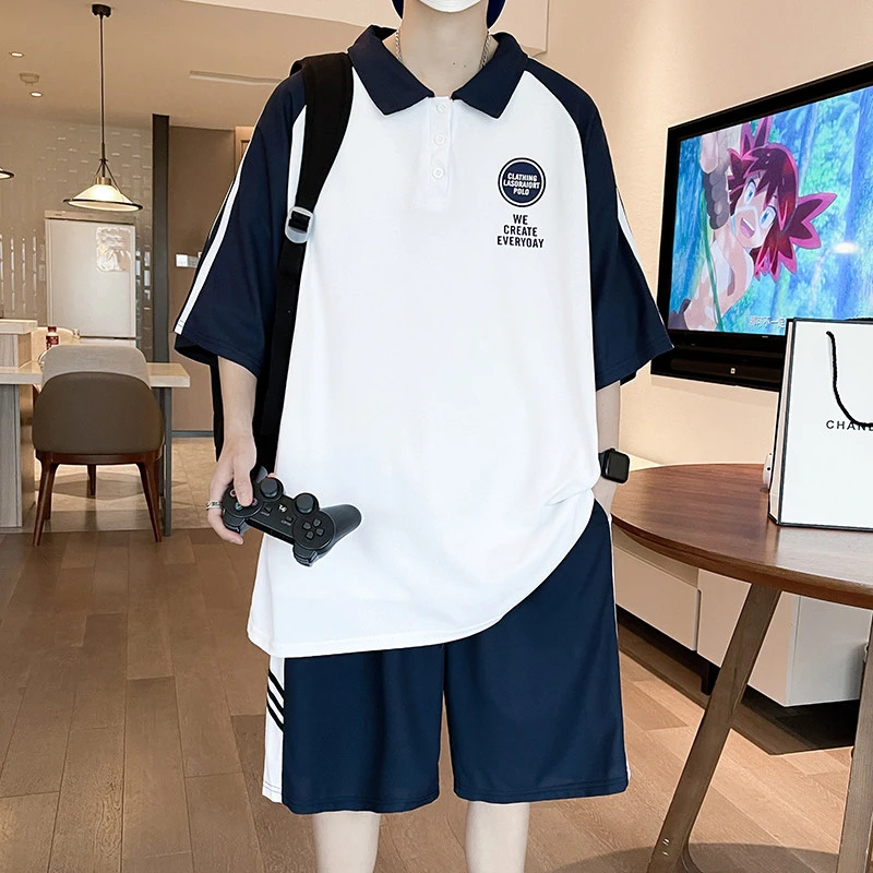 学院风POLO衫短袖T恤男两件套青少年翻领套装酷帅大童13-18岁学生