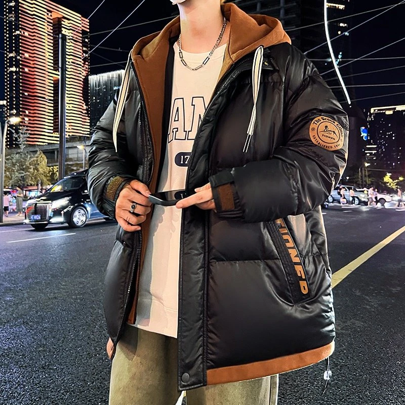 秋冬新款青少年假两件学生男潮流宽松连帽加厚保暖初中高中生款潮