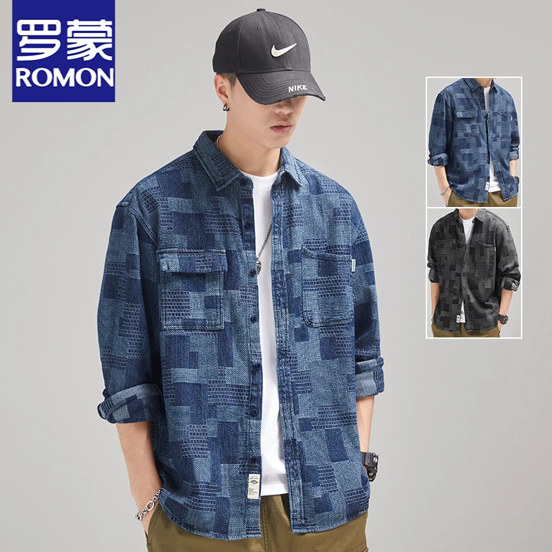 Romon/罗蒙春秋长袖衬衫高级感色织格子衬衣秋季宽松休闲港风复古