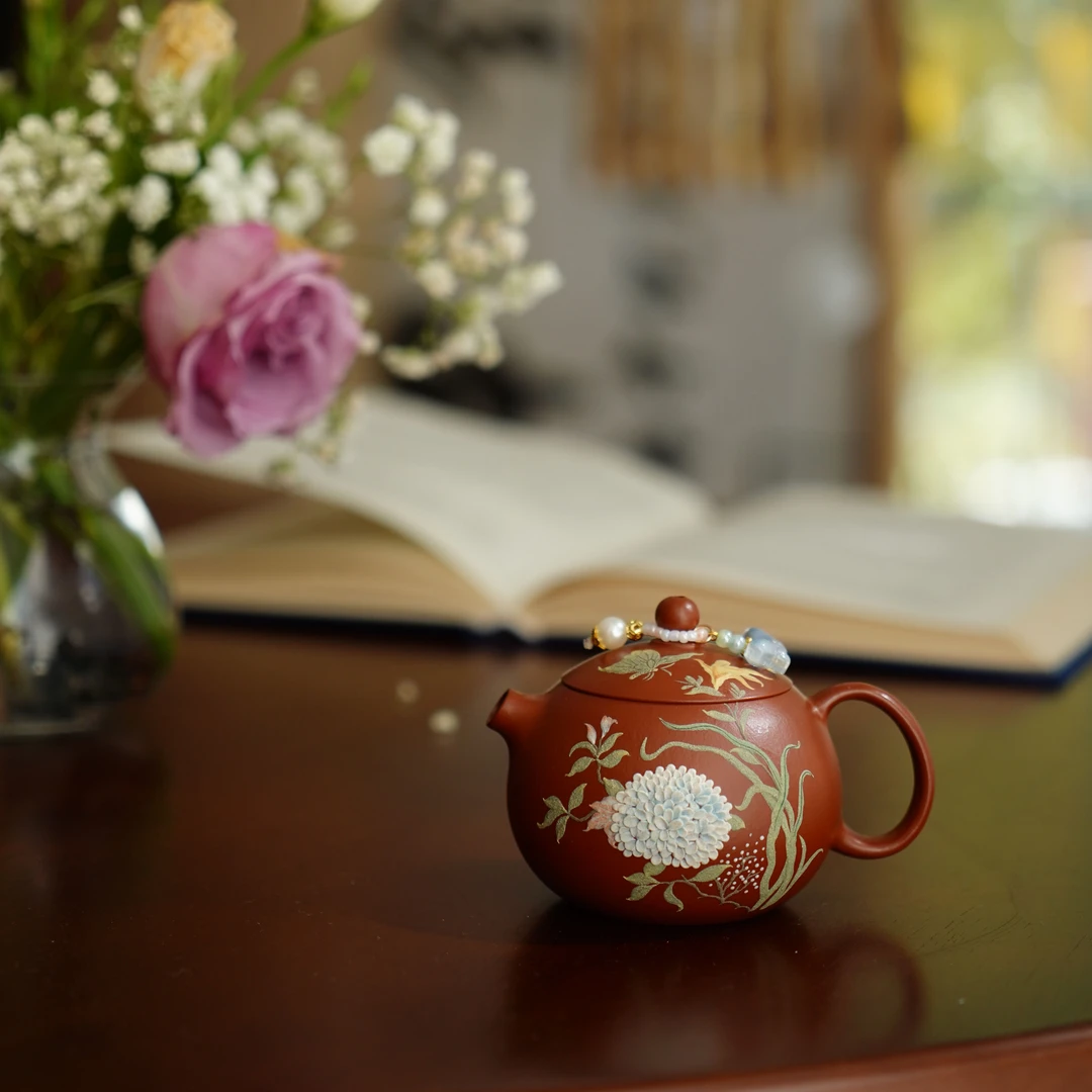 大碗茶器【玫瑰宇宙·西施】宜兴朱泥堆绘绣球花精工茶壶120cc