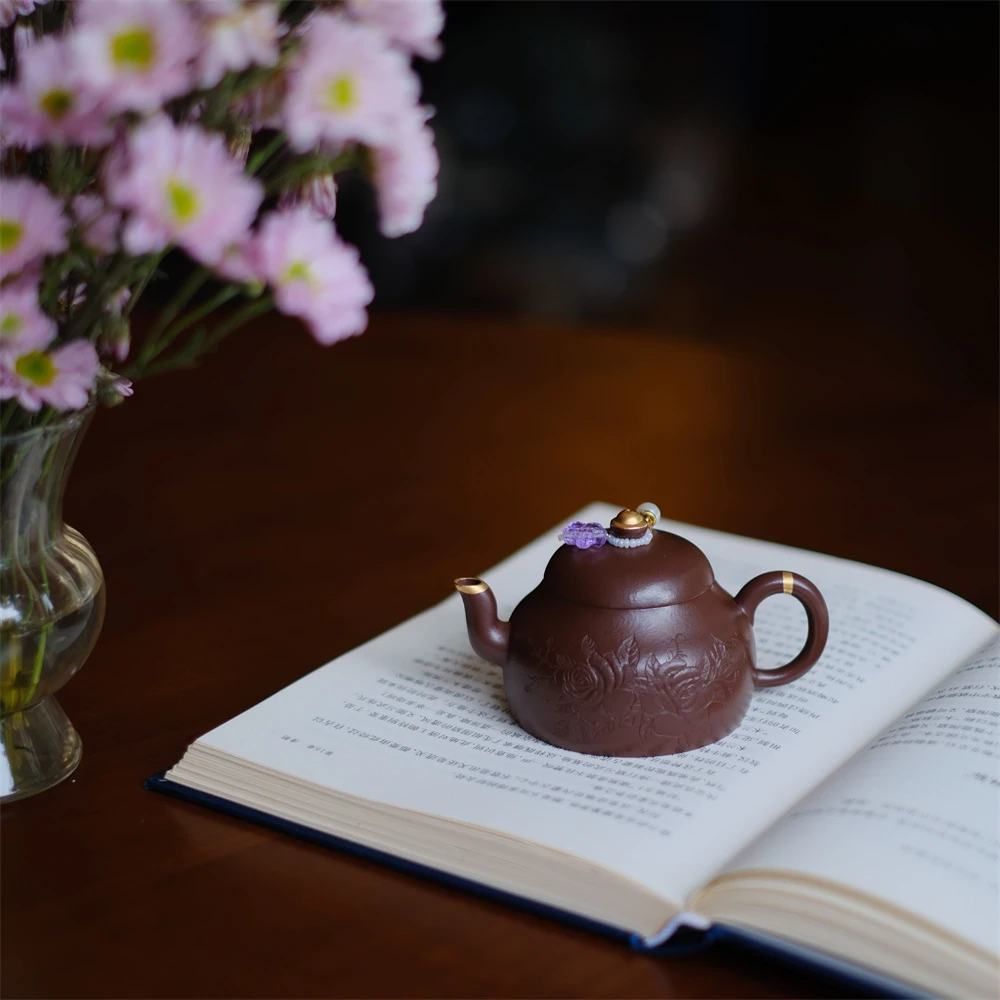 大碗茶器【花间旧梦·元宝】紫泥宜兴花雕紫砂泥绘原矿茶壶130cc