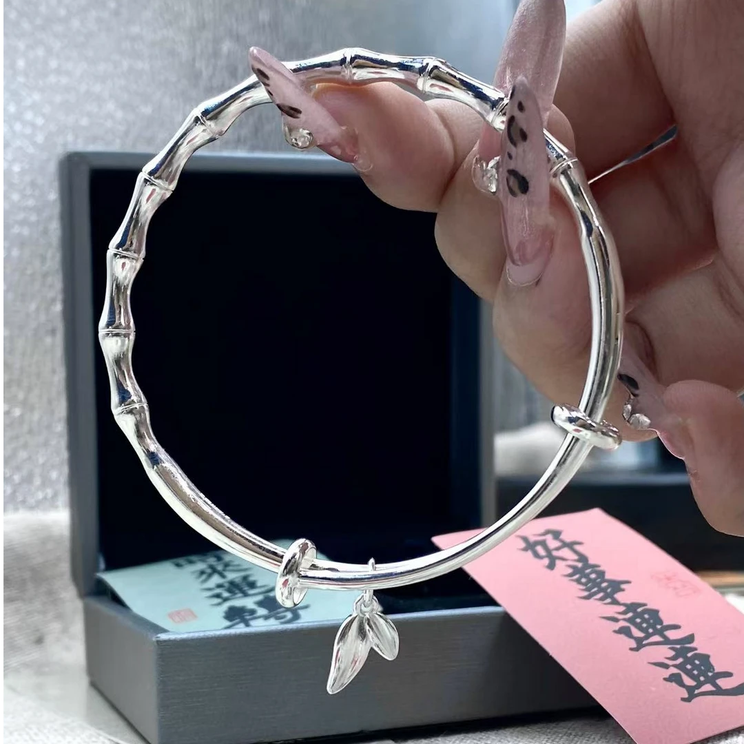 足银手镯 D39 足银999.9竹节竹报平安推拉手镯