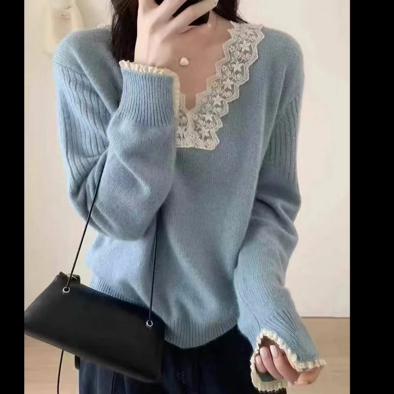 韩系温柔风拼接蕾丝花边针织衫2024新款V领毛衣秋冬打底衫T8026