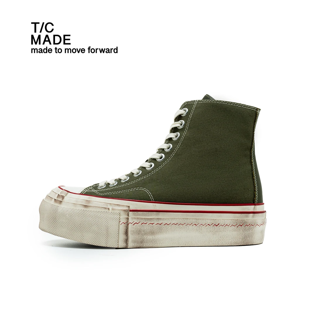 TCMADE 010 橄榄绿 做旧帆布拼接 厚底高帮硫化鞋 男女同款