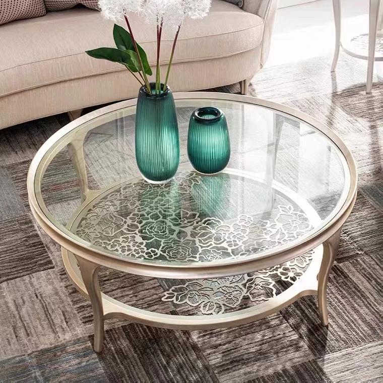 美式轻奢现代茶几客厅家用简约不锈钢化玻璃镂空圆形网红实木边几