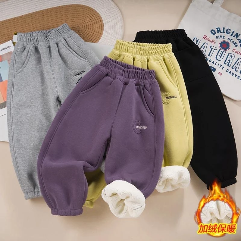 儿童加绒休闲长裤男童加厚裤子秋冬款中大童保暖棉裤女童卫裤冬季