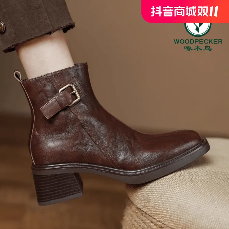 啄木鸟英伦风粗跟中跟短靴女2024秋冬新款方头切尔西靴显瘦马丁靴