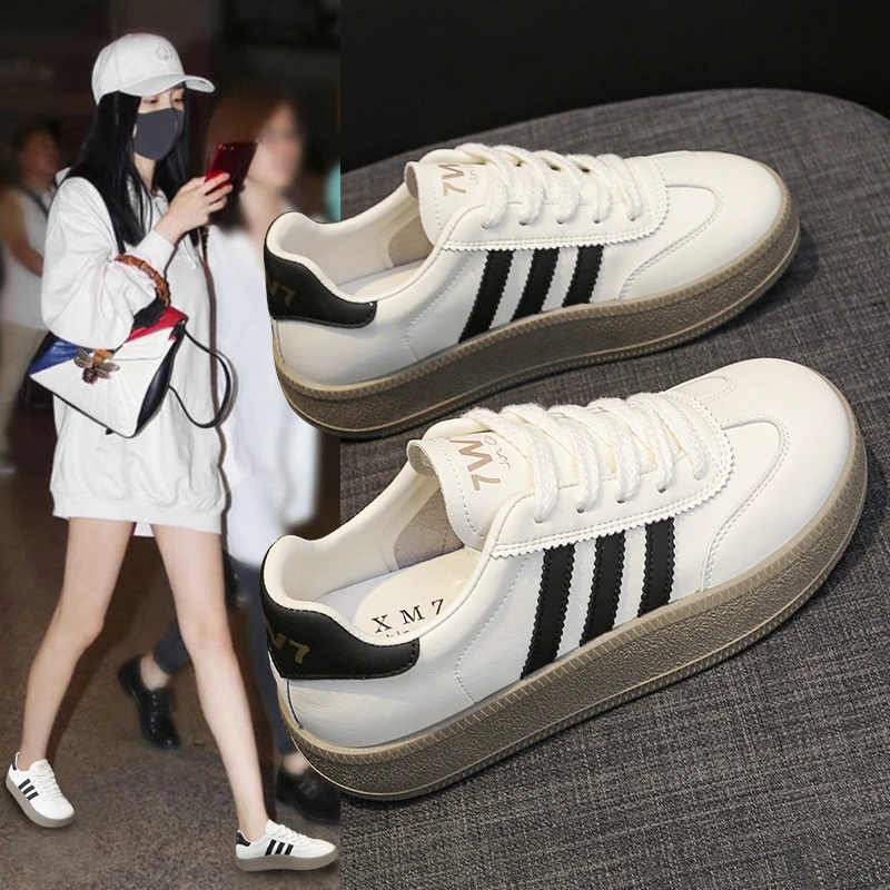 爆款透气皮面平底小白鞋女款2024夏秋季新款百搭休闲板鞋单鞋女