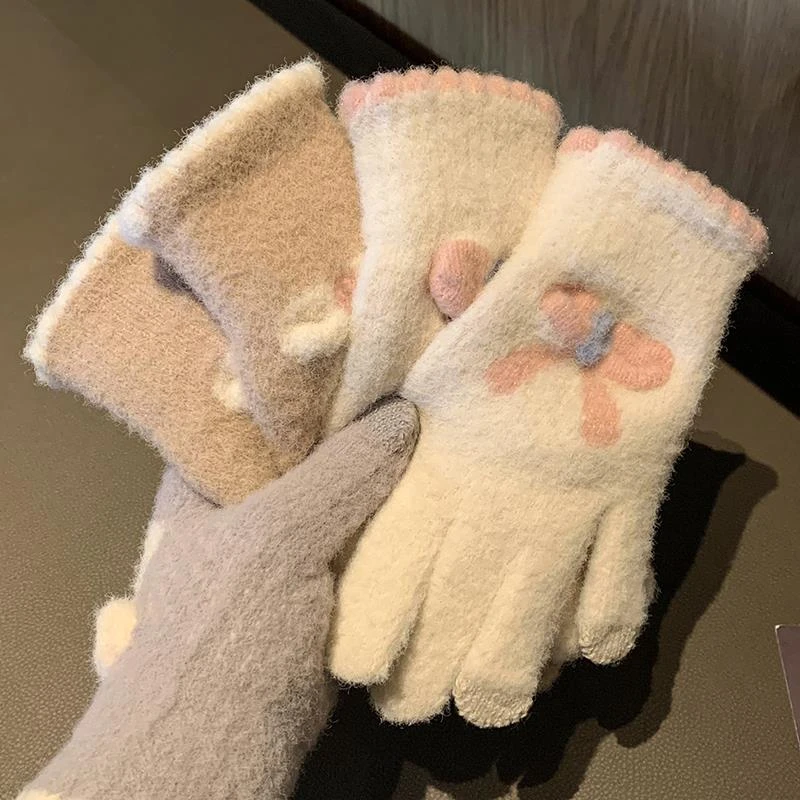 ins可爱甜美蝴蝶结冬季针织保暖加绒加厚防风手套纯色户外骑车