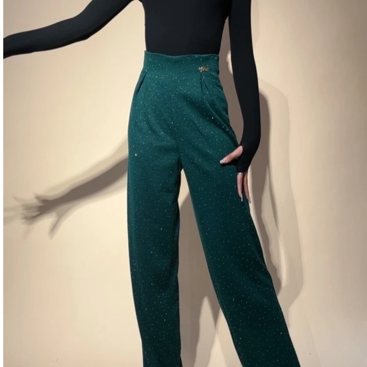 YRSS舞服♥新款设计师绿精灵钻石高腰气质百搭绿色摩登裤时尚修身